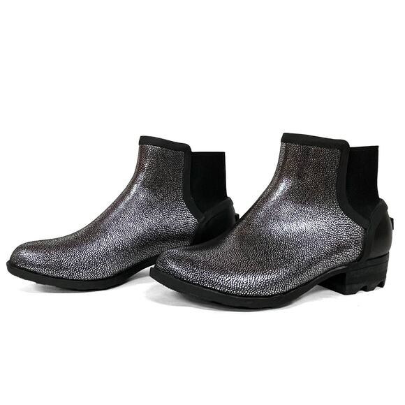 Sorel Janey Chelsea Boots Sz 10 Black Silver Short Ankle Rubber Rain Booties - Picture 4 of 11